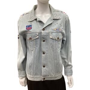 Mudo Jeans VTG Women’s Denim Jacket Silver Studs And Patches S. S/ M Light Blue